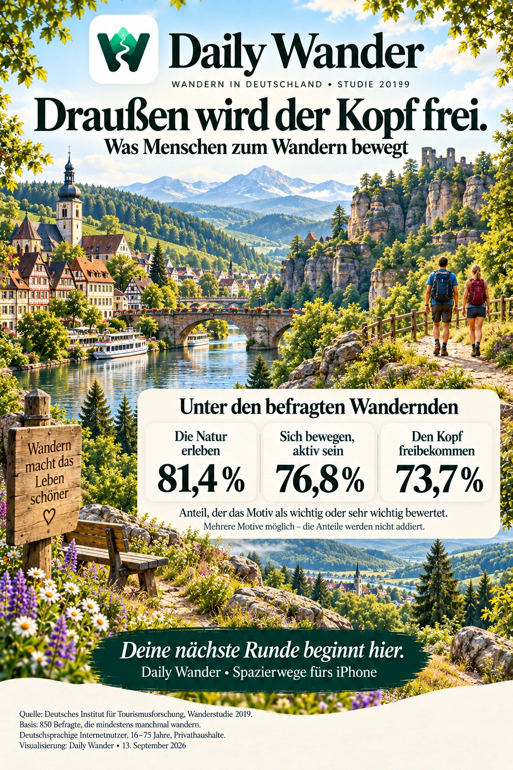 Daily Wander Infografik: Unter den befragten Wandernden sind 81,4 % das Naturerlebnis, 76,8 % Bewegung und 73,7 % ein freier Kopf wichtig oder sehr wichtig. Wanderstudie 2019, Basis 850 Wandernde.