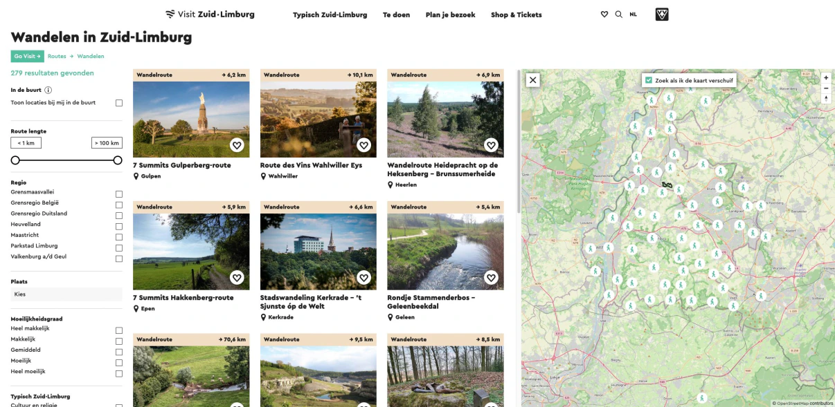 Visit Zuid-Limburg: wandelroutes met filters links, routekaarten in het midden en een kaart rechts