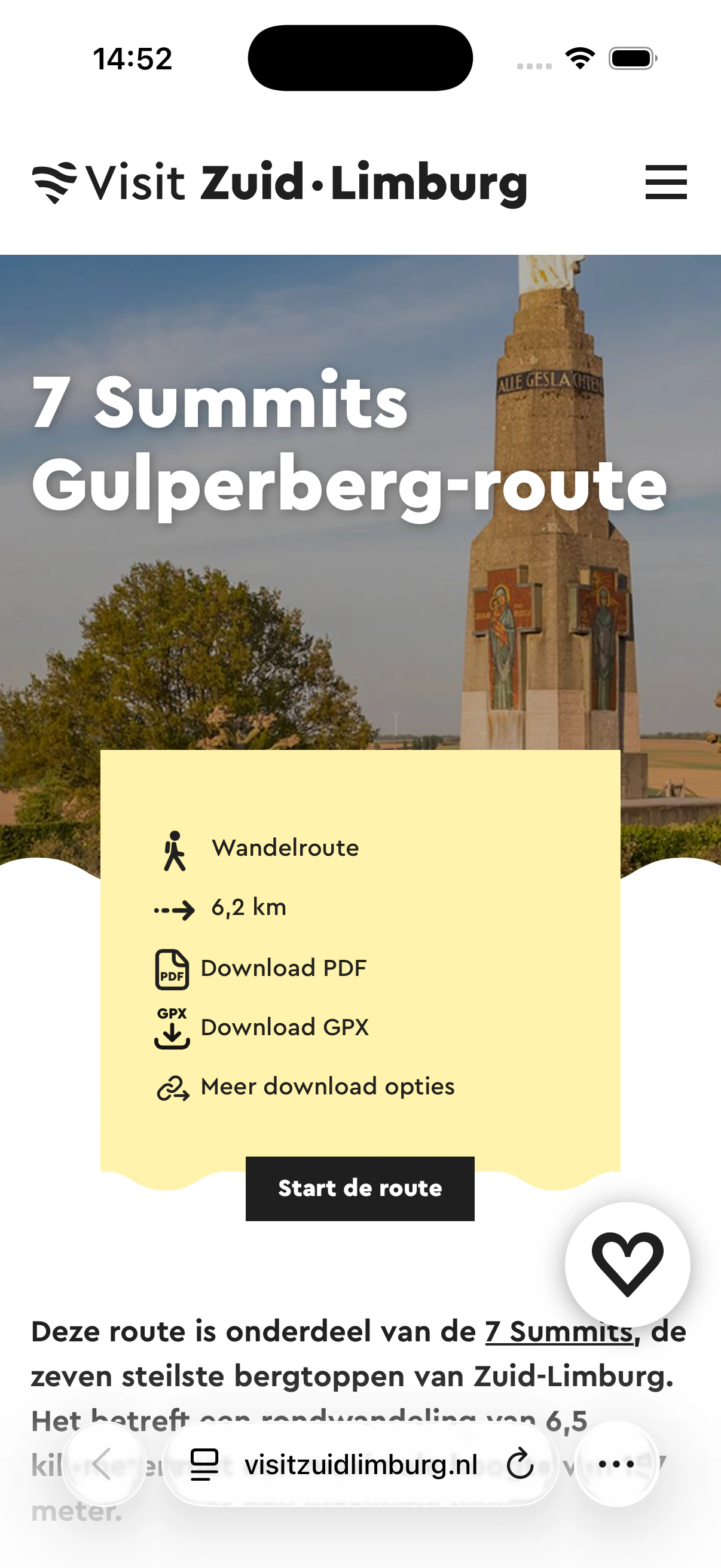 Gulperberg-route in Safari op iPhone, met Download GPX in het gele downloadblok