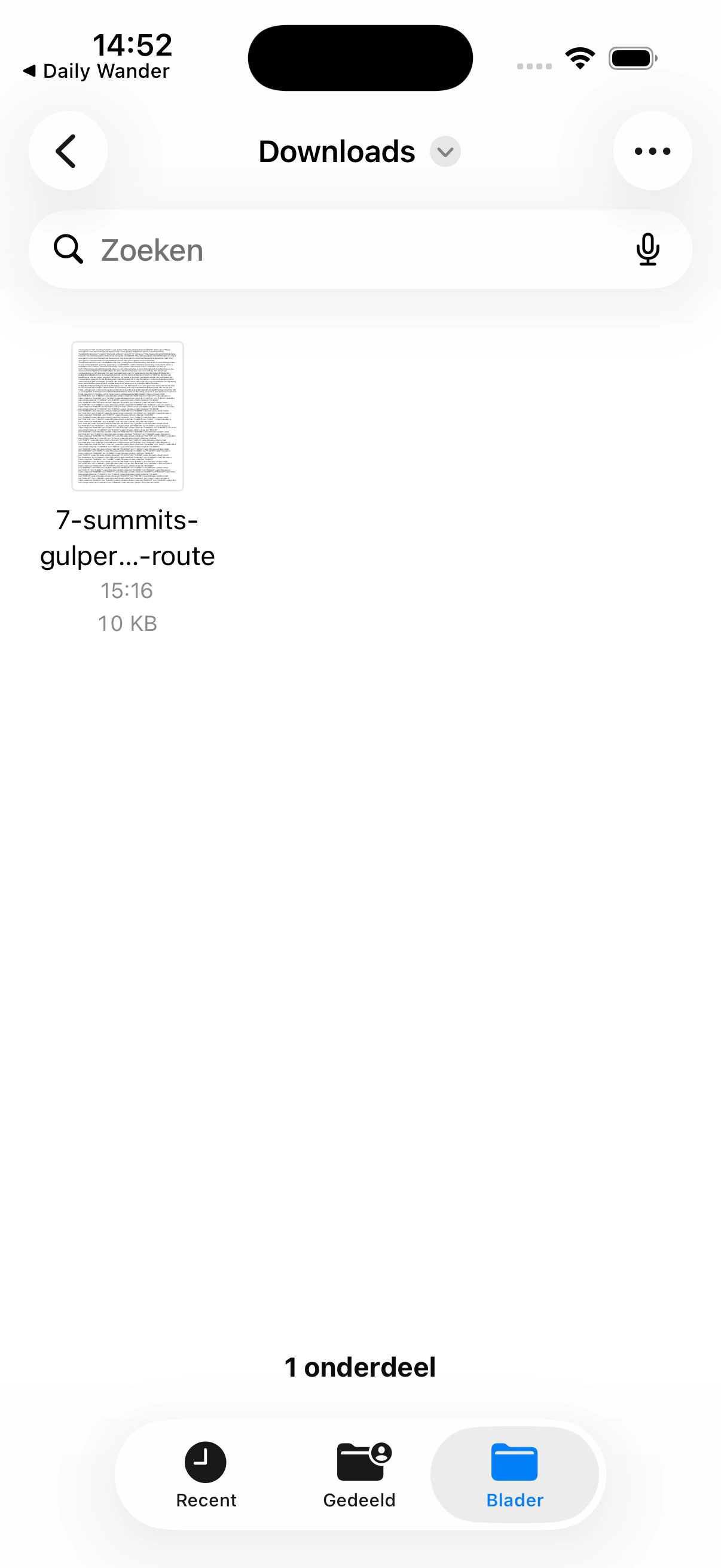 Bestanden op iPhone met het gedownloade bestand 7-summits-gulperberg-route in de map Downloads