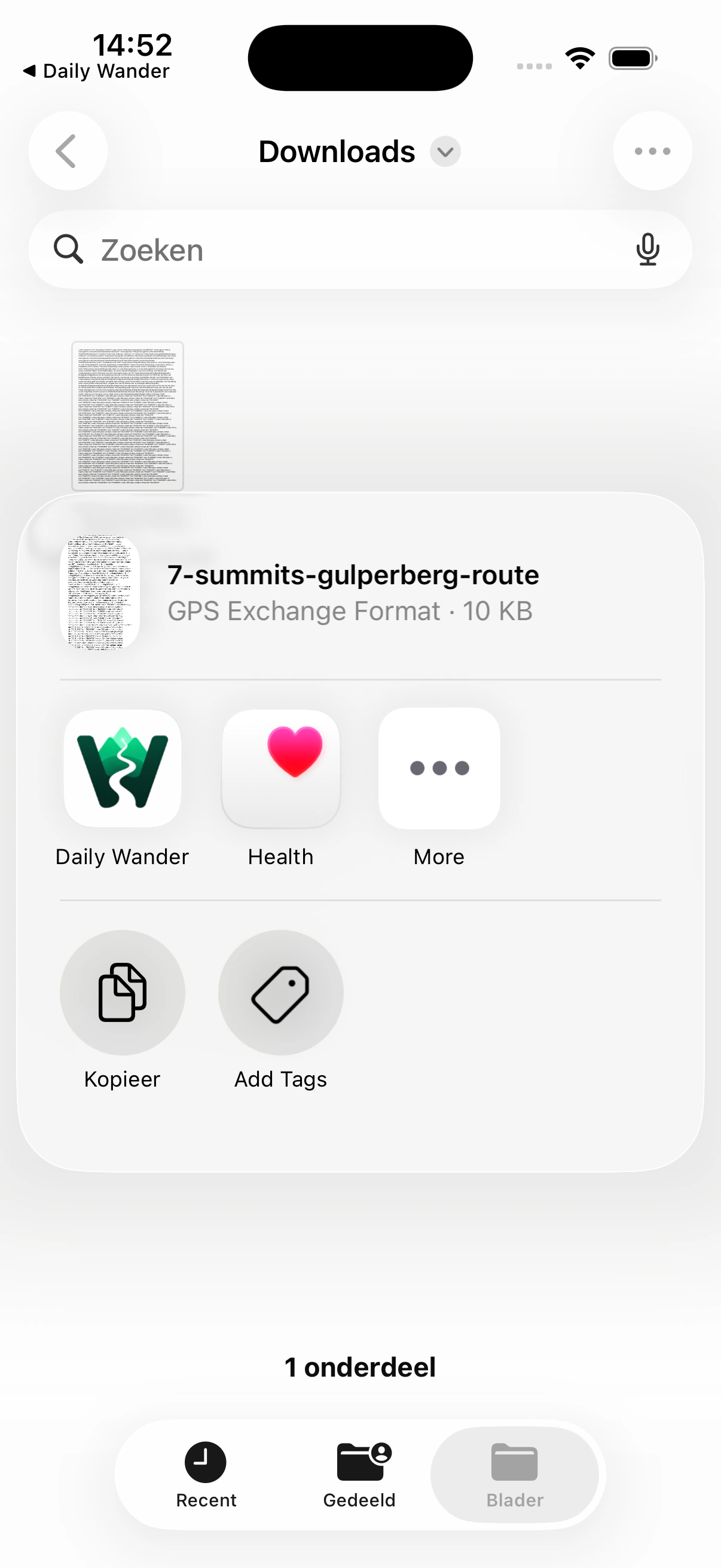 Echt iOS-deelmenu voor 7-summits-gulperberg-route: GPS Exchange Format, 10 KB, met Daily Wander als eerste app