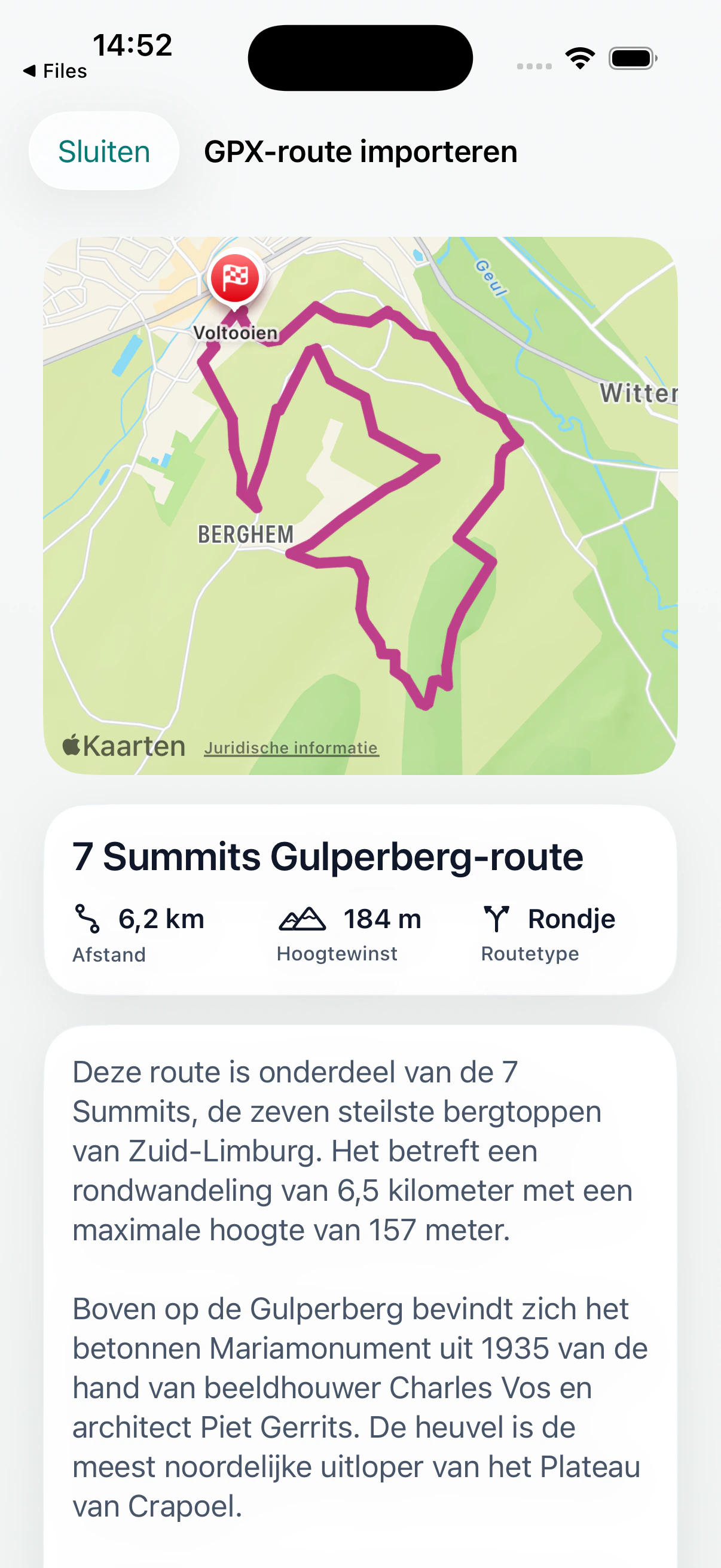 Kaartuitsnede uit de echte DailyWander-import: 7 Summits Gulperberg-route, 6,2 km