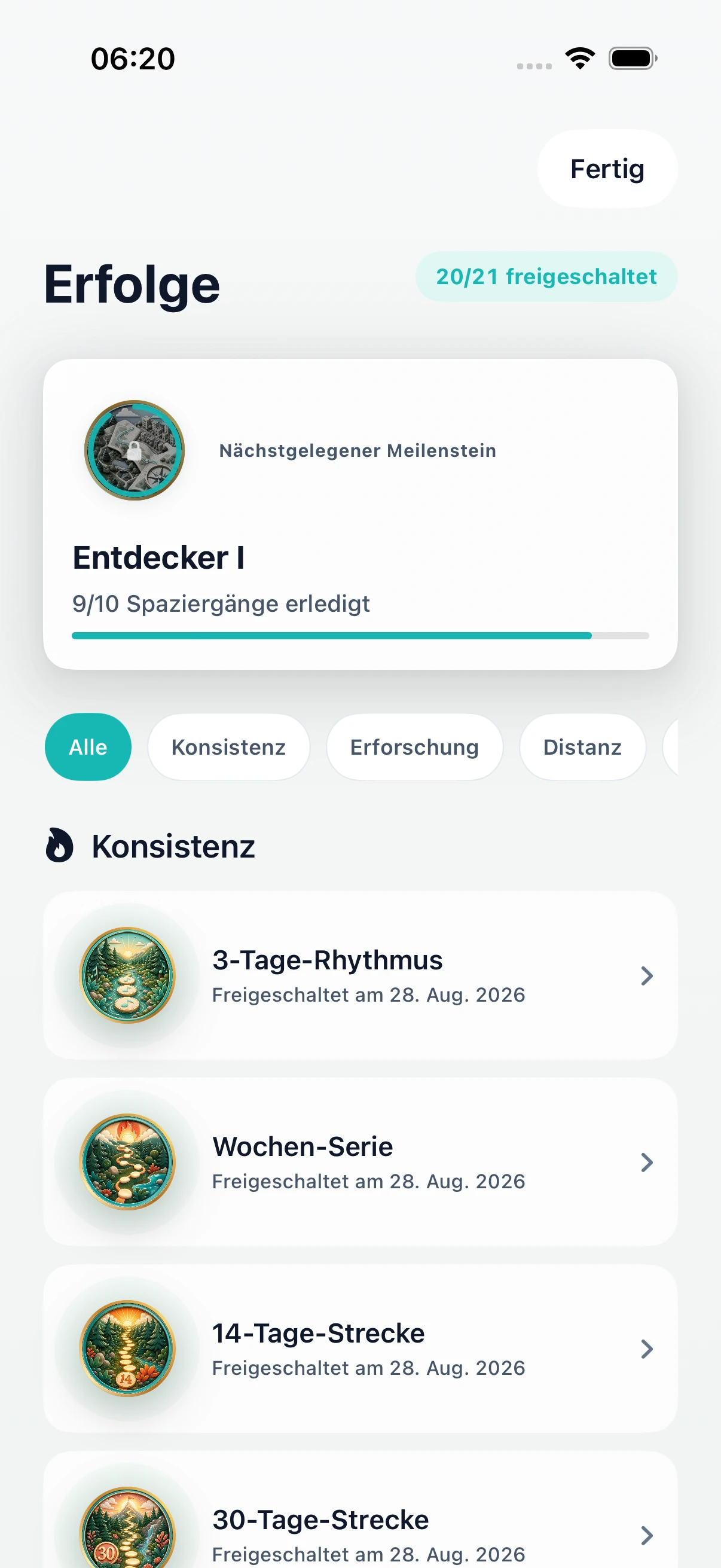 DailyWander Erfolge mit Serien und Entdecker-Meilensteinen