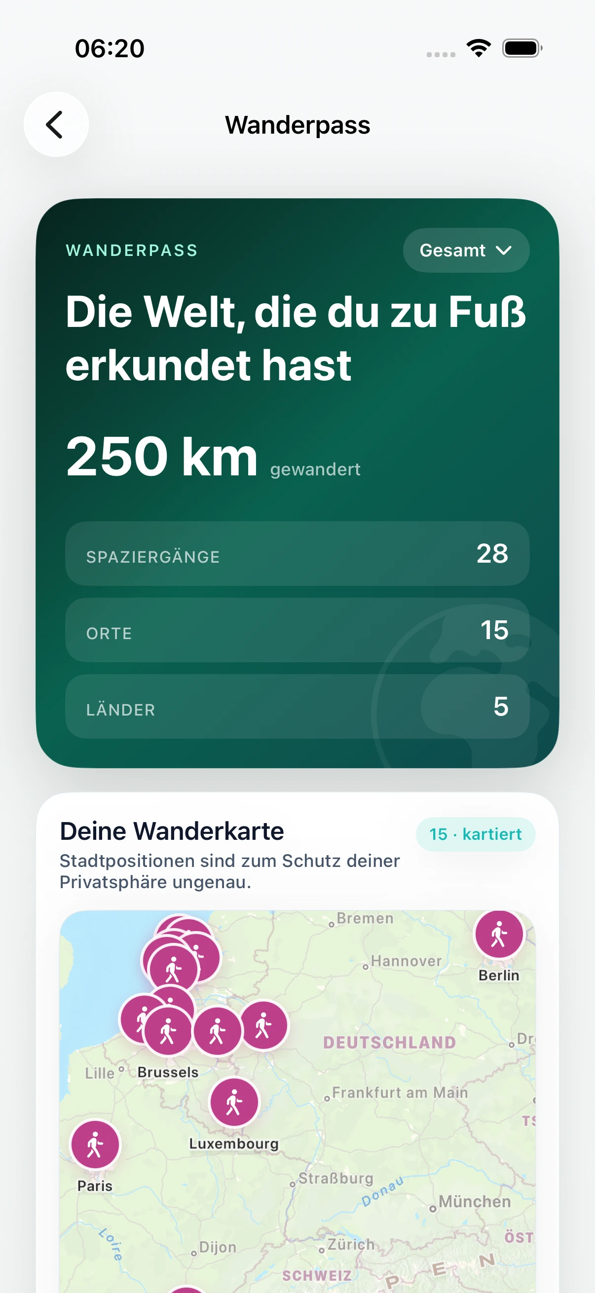 DailyWander Wanderpass mit Distanz, Orten, Ländern und Wanderkarte