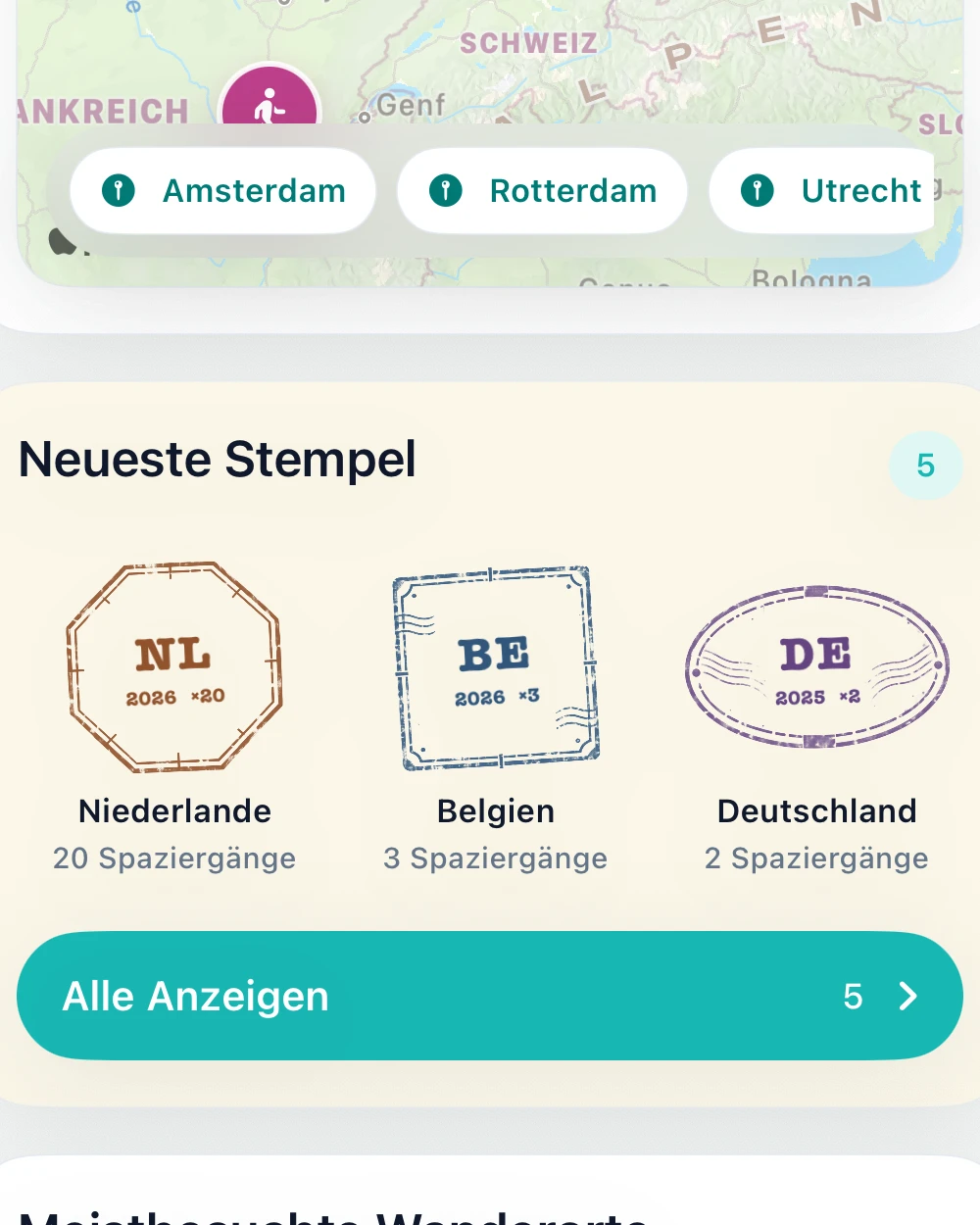DailyWander Wanderpass mit Länderstempeln und meistbesuchten Orten