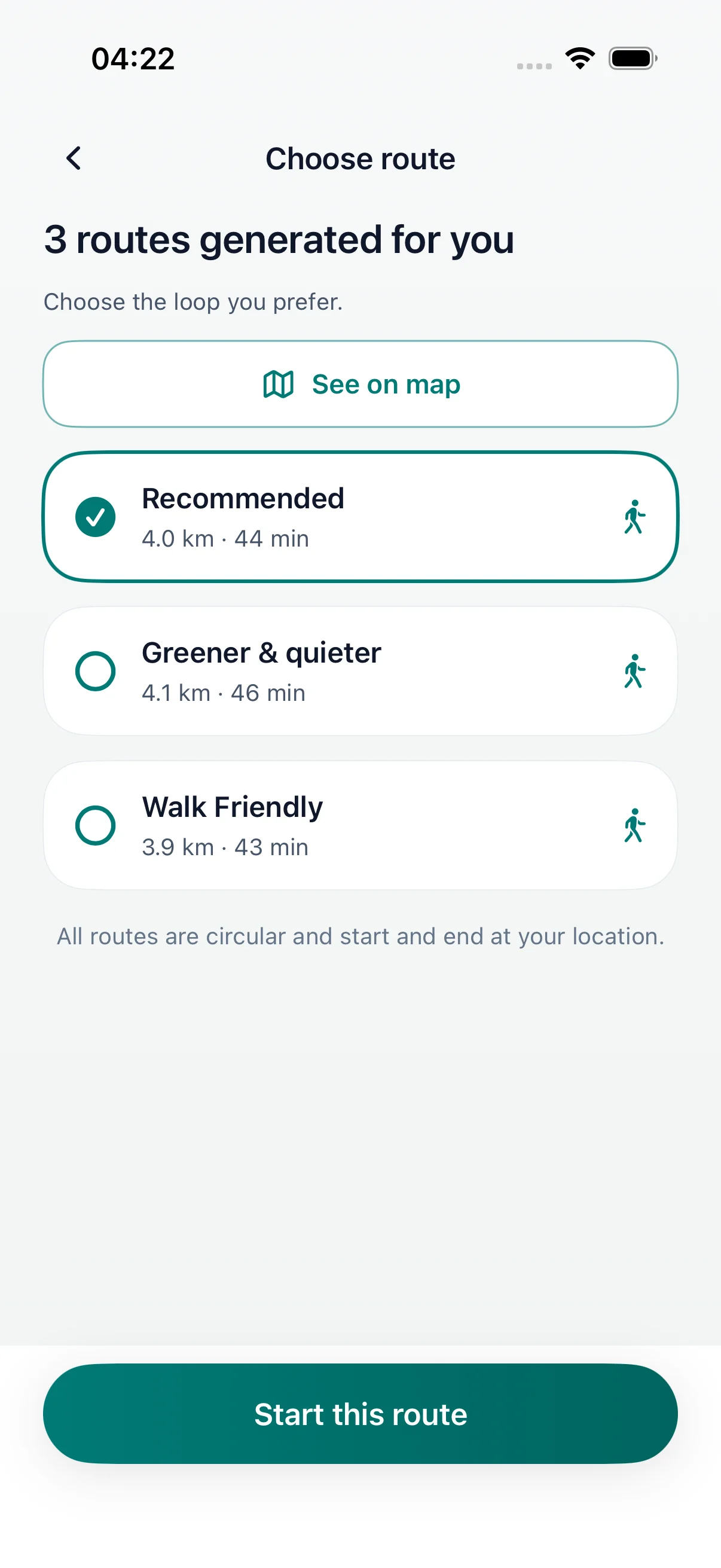 DailyWander pick a route screen