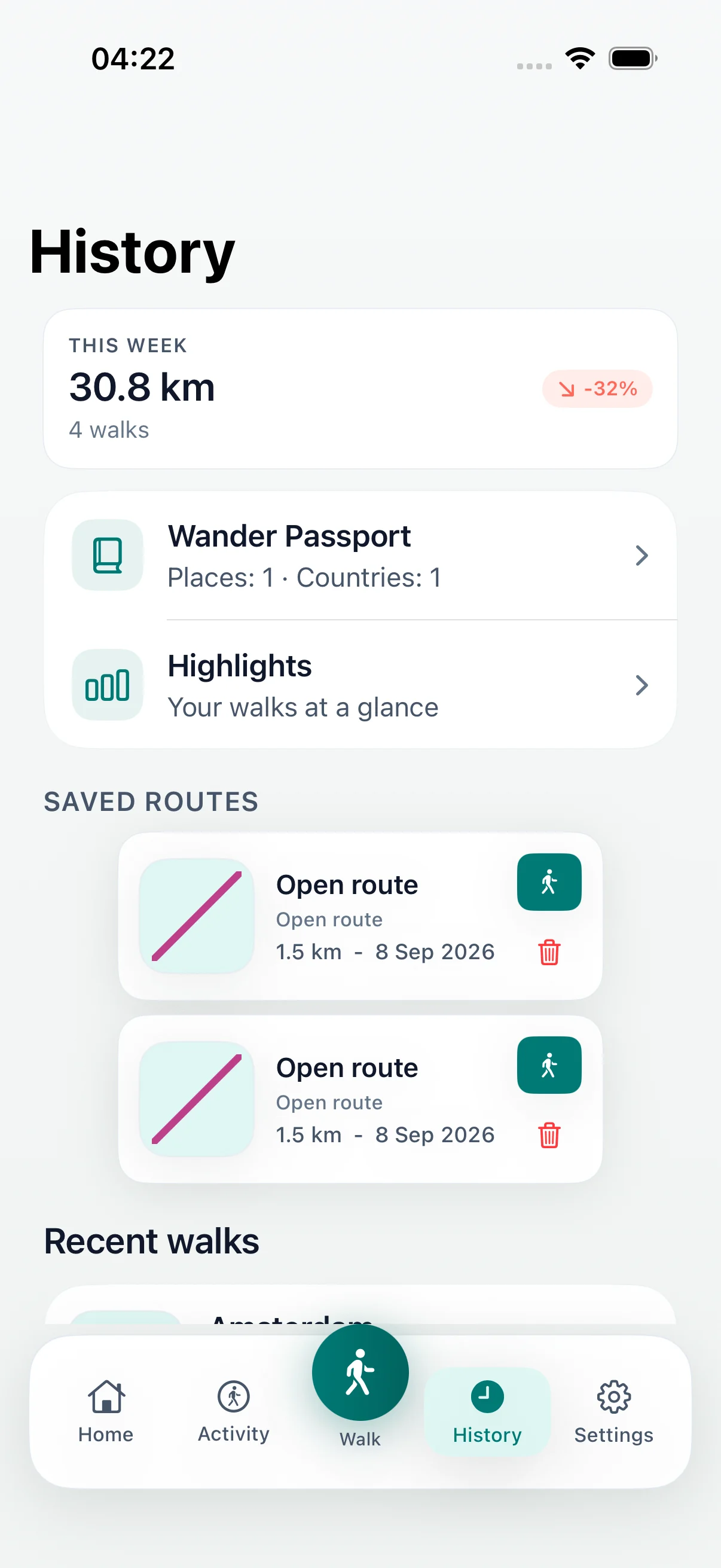 DailyWander walk history screen