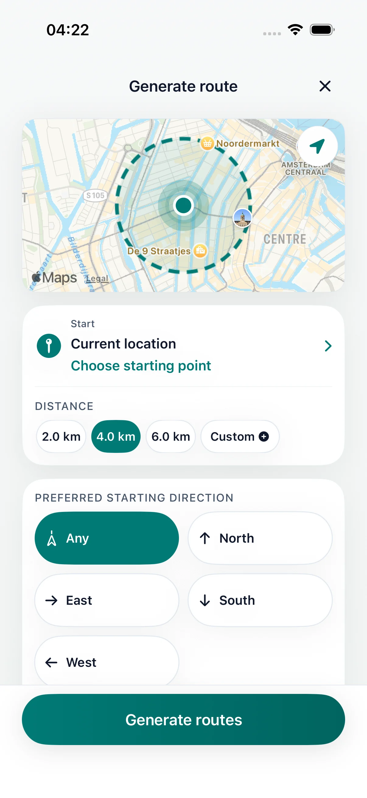 DailyWander set distance screen