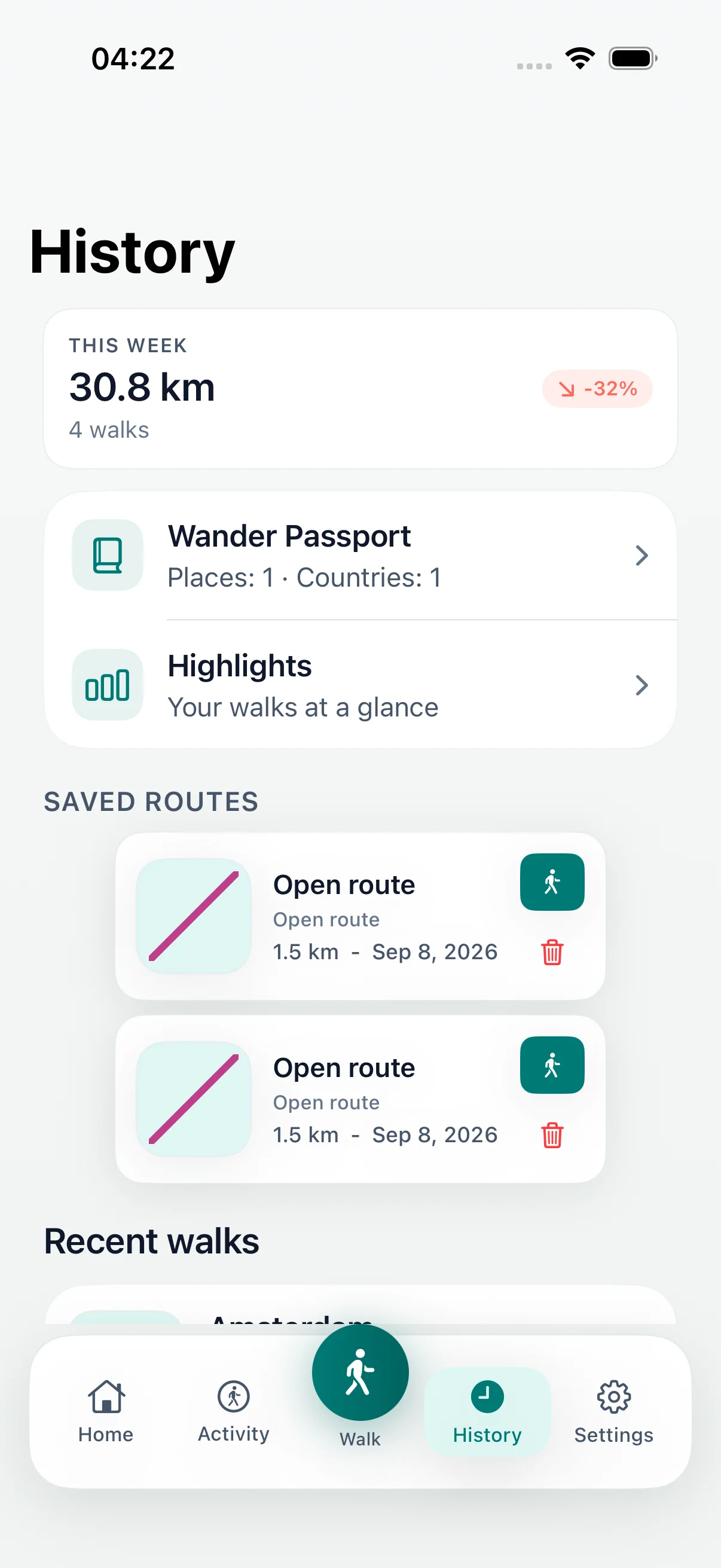 DailyWander walk history screen