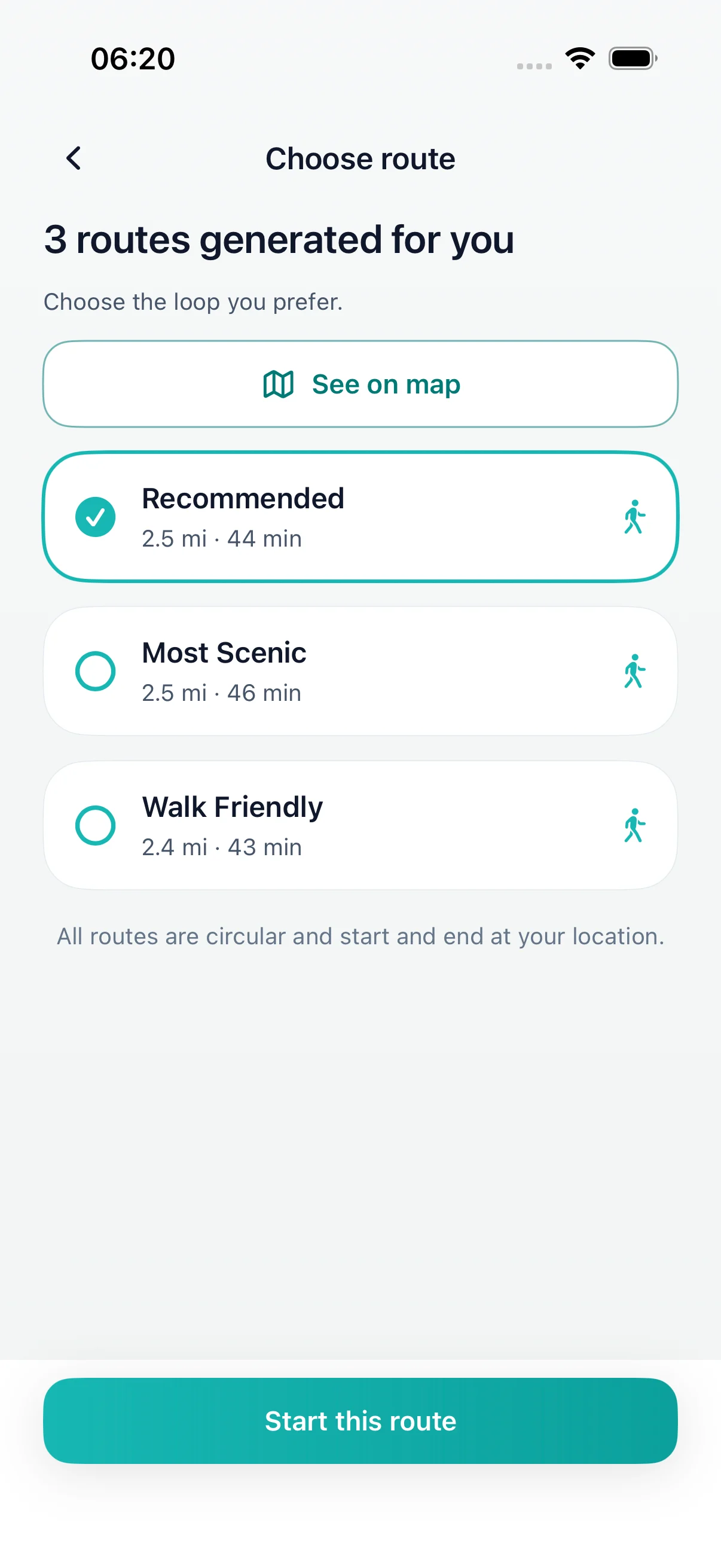 DailyWander pick a route screen