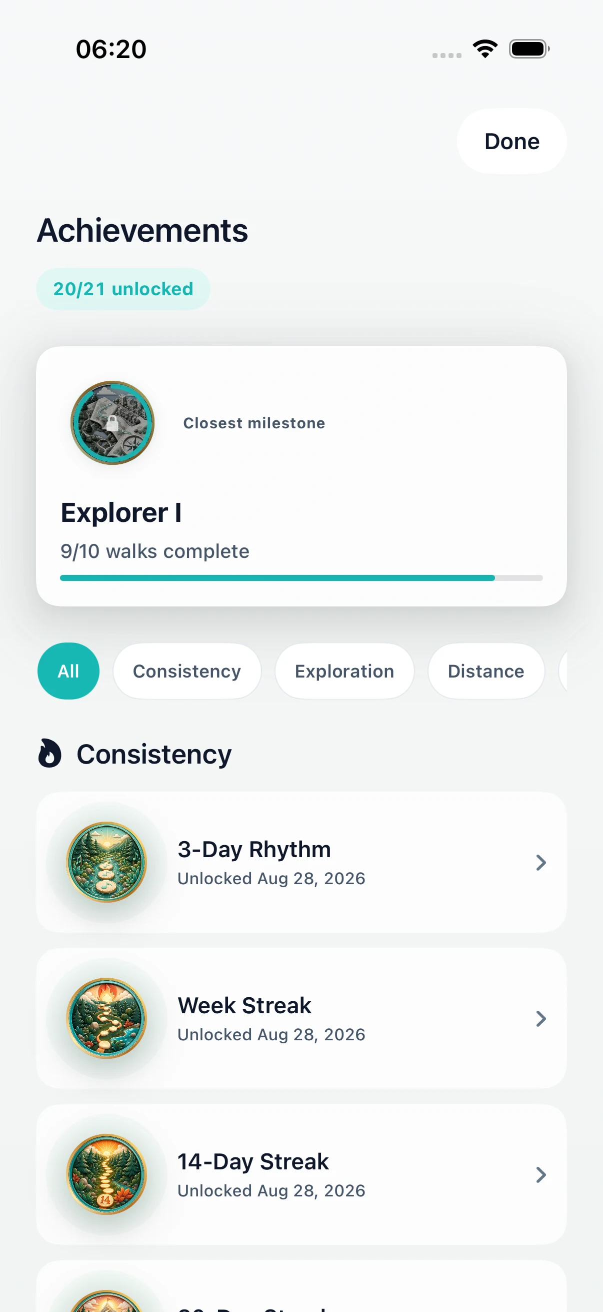 DailyWander achievement collection with streak and exploration milestones