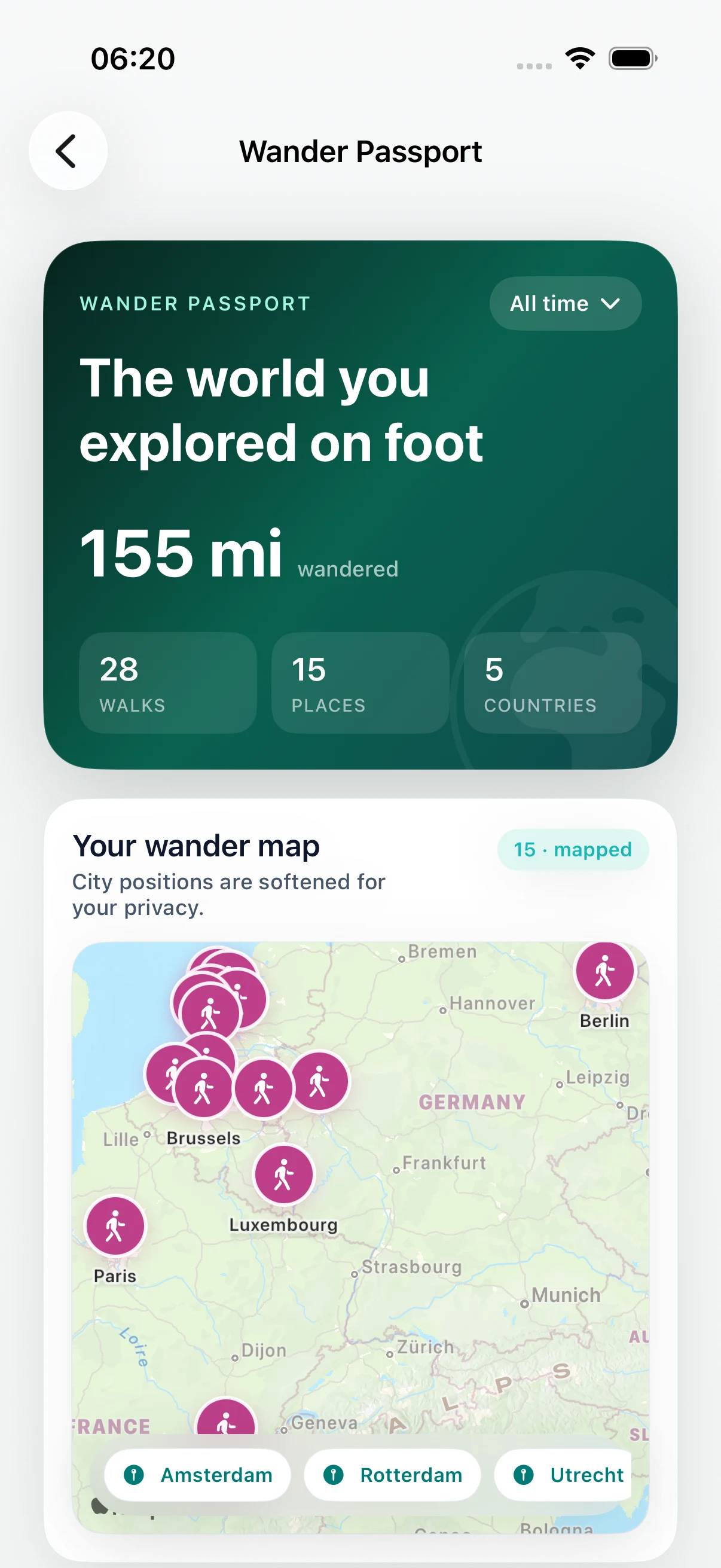 DailyWander Wander Passport overview with distance, places, countries, and walking map
