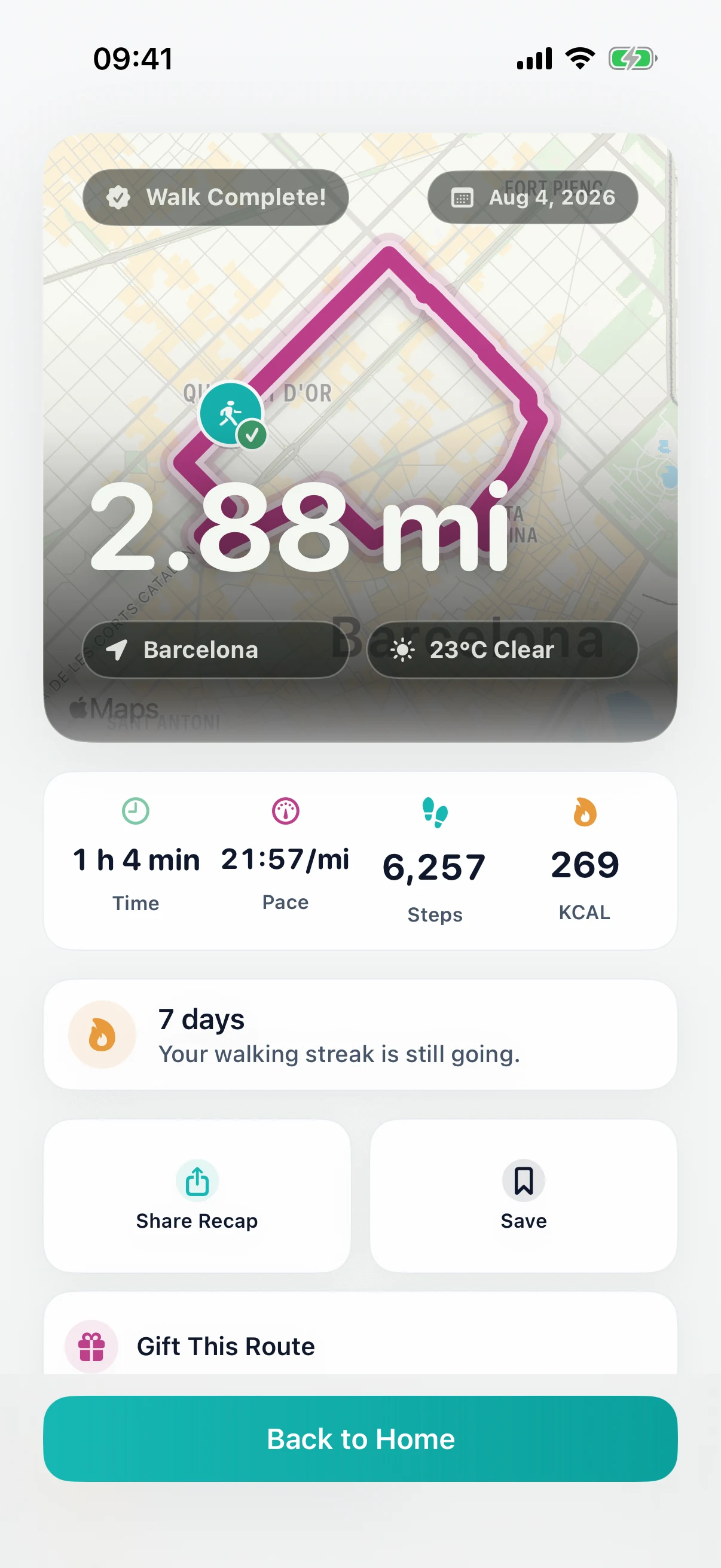 DailyWander completed walk recap with share, save, and gift route actions