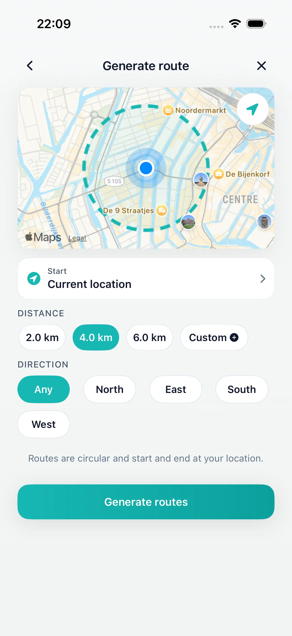 DailyWander route generation screen on iPhone