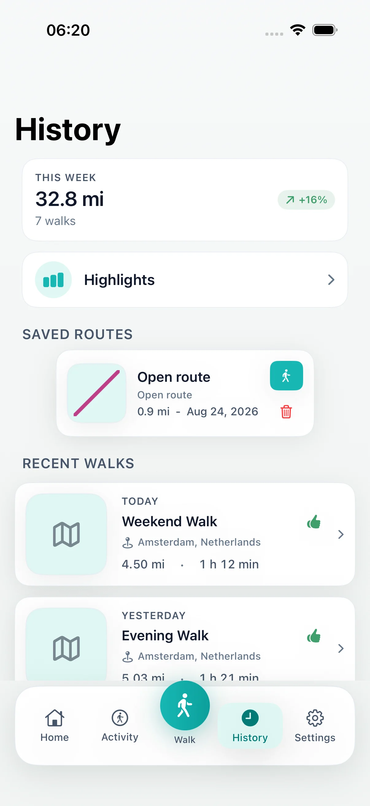 DailyWander walk history screen