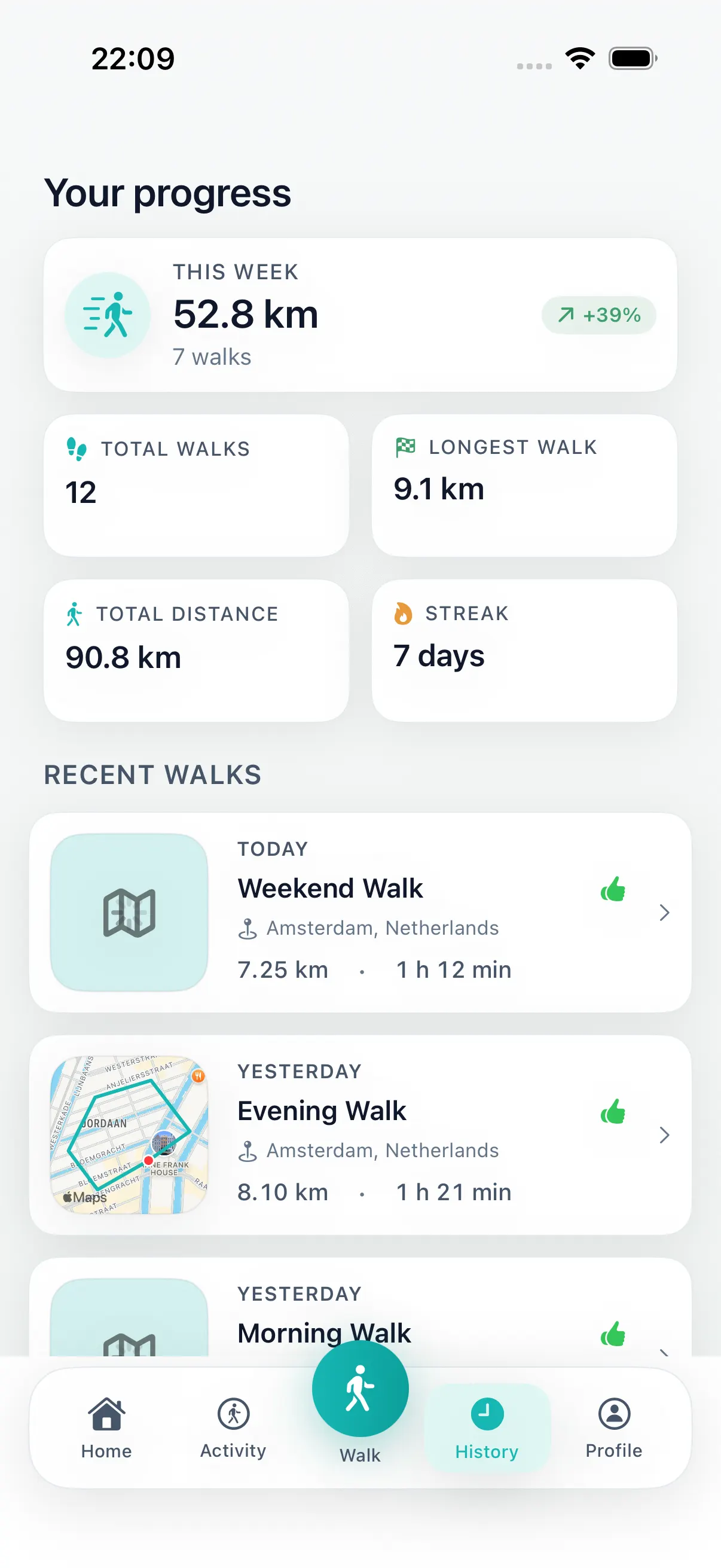 DailyWander walk history screen