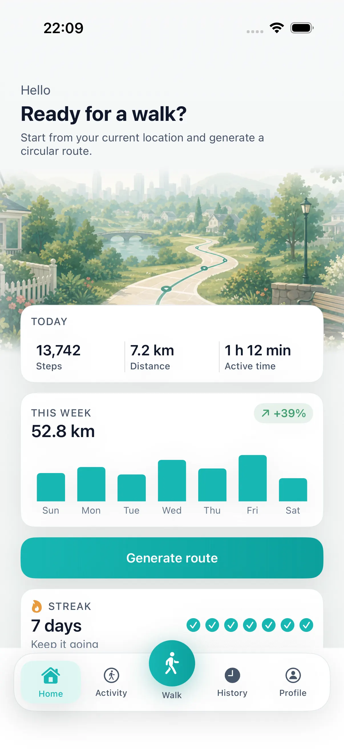 DailyWander home screen showing walking progress