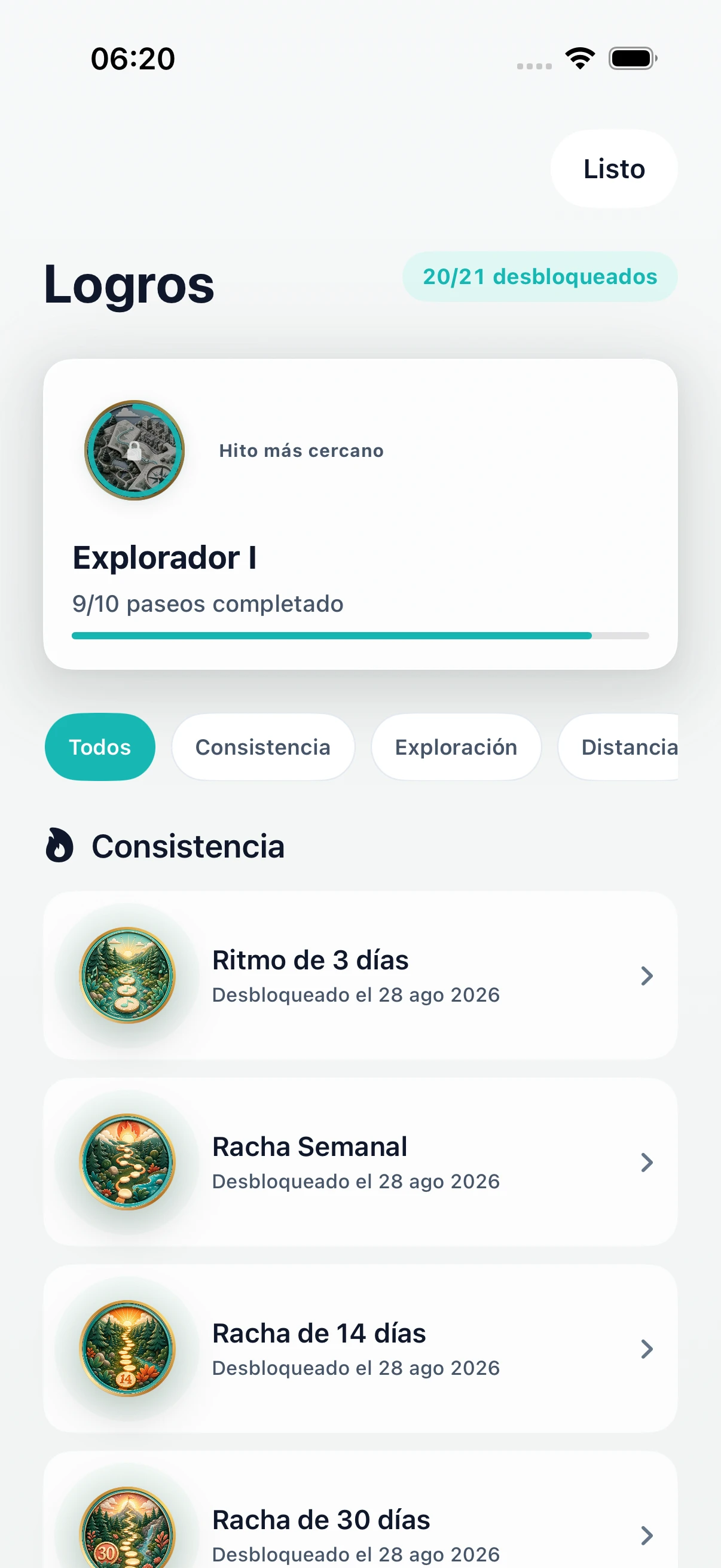 Logros de DailyWander con rachas e hitos de exploración
