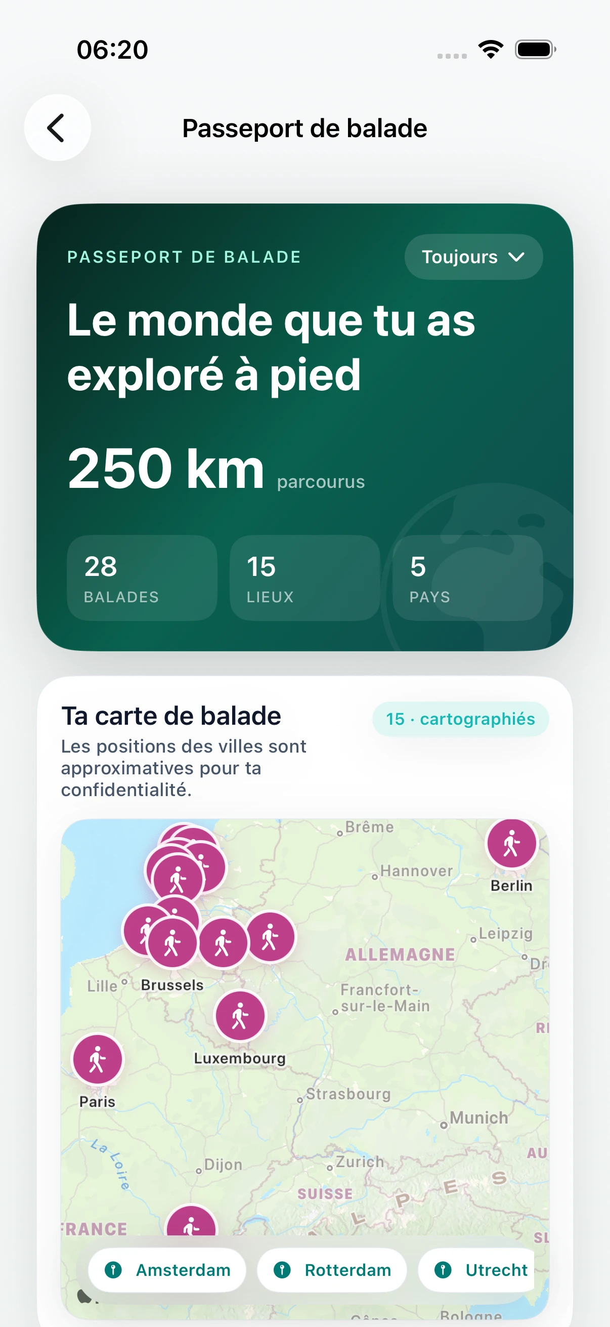 Passeport de balade DailyWander avec distance, lieux, pays et carte