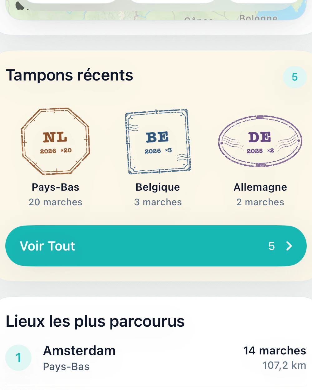 Passeport DailyWander avec tampons de pays et lieux les plus parcourus