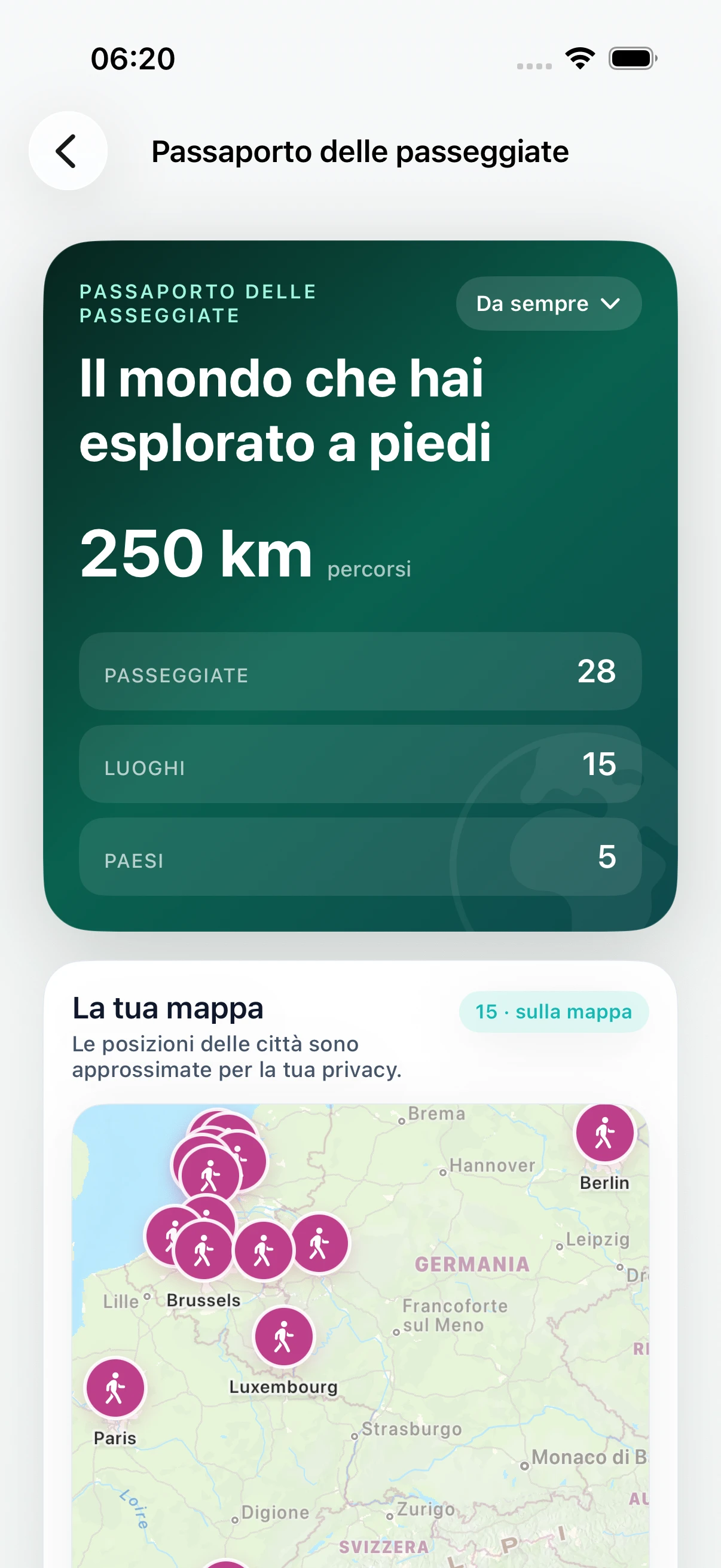 Passaporto delle passeggiate DailyWander con distanza, luoghi, paesi e mappa