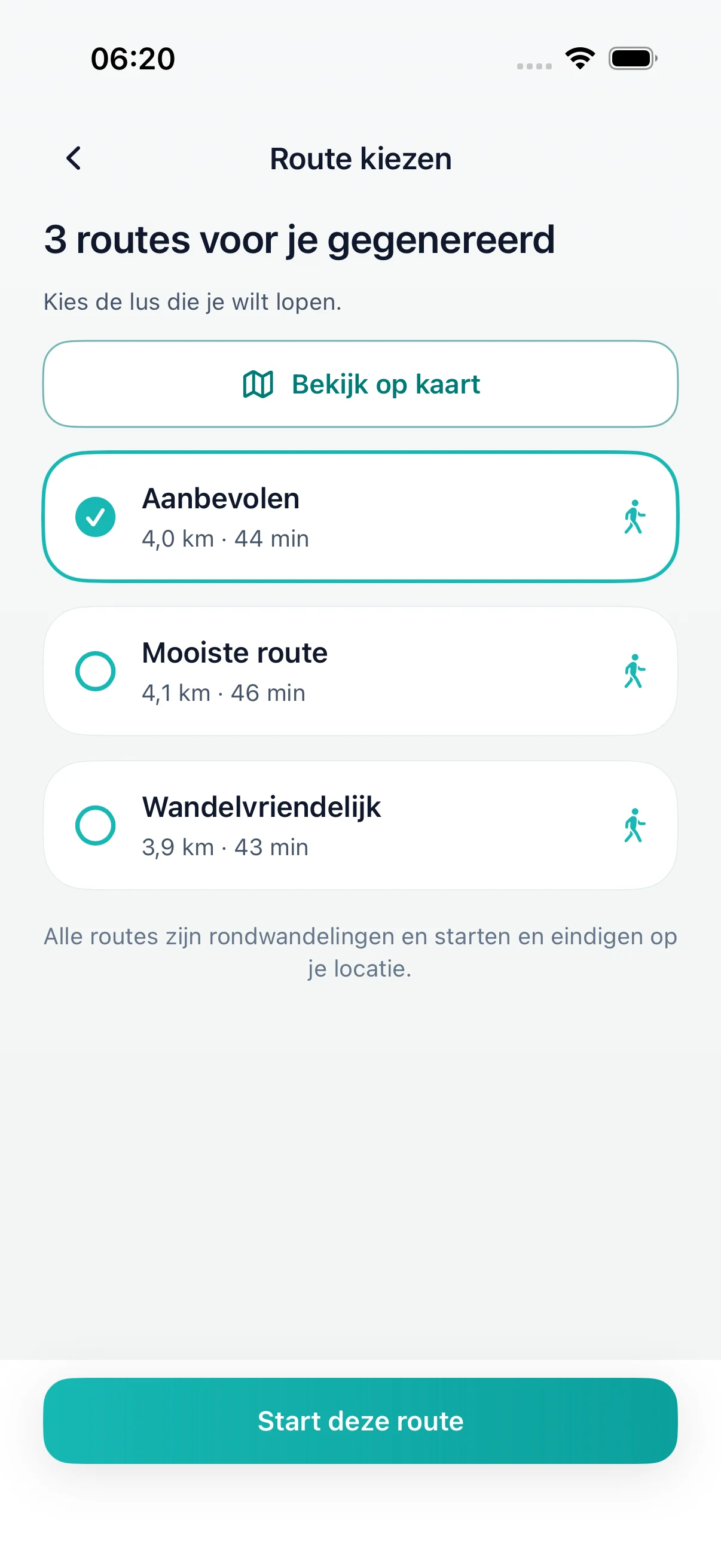 DailyWander kies route screen