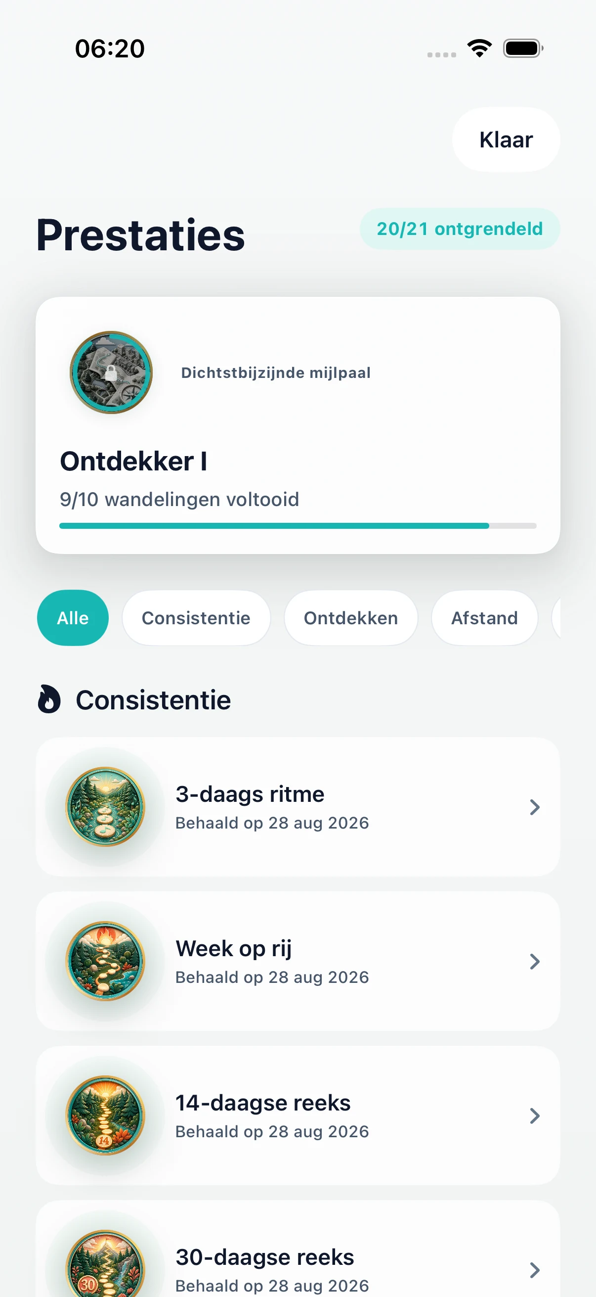 DailyWander prestatiecollectie met wandelreeksen en ontdekkingsmijlpalen