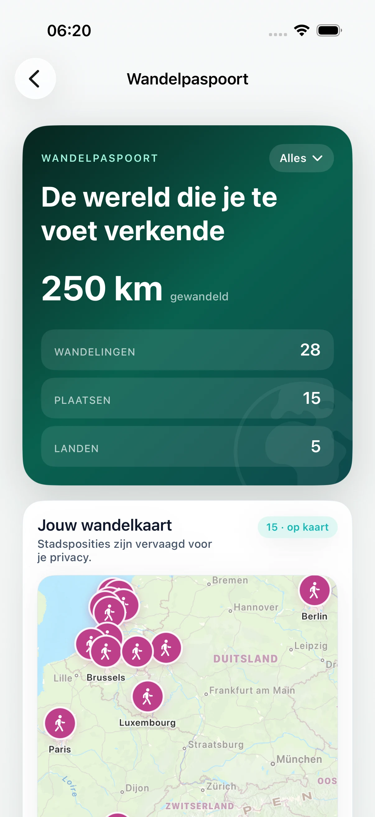 DailyWander Wandelpaspoort met afstand, plaatsen, landen en wandelkaart