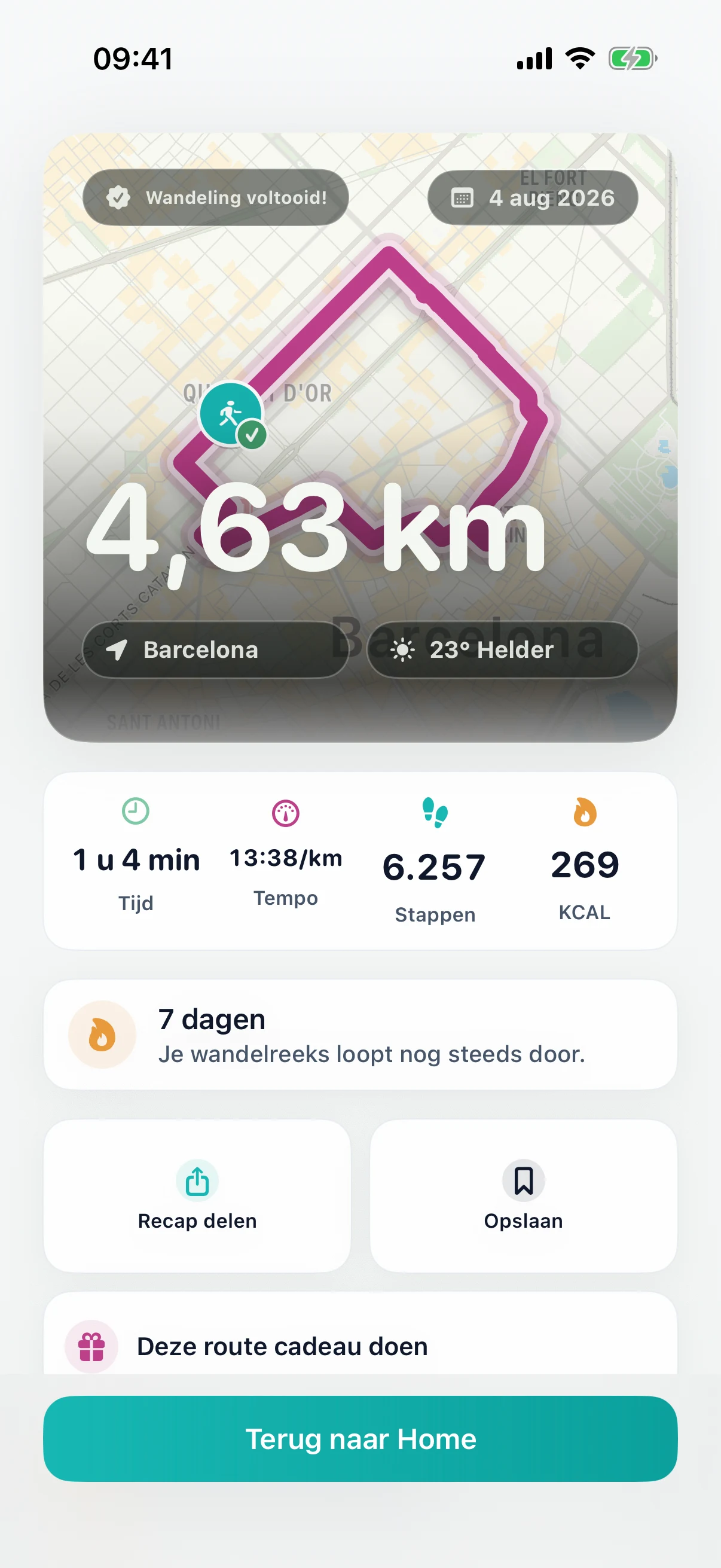 DailyWander terugblik van een voltooide wandeling met delen, opslaan en route cadeau doen