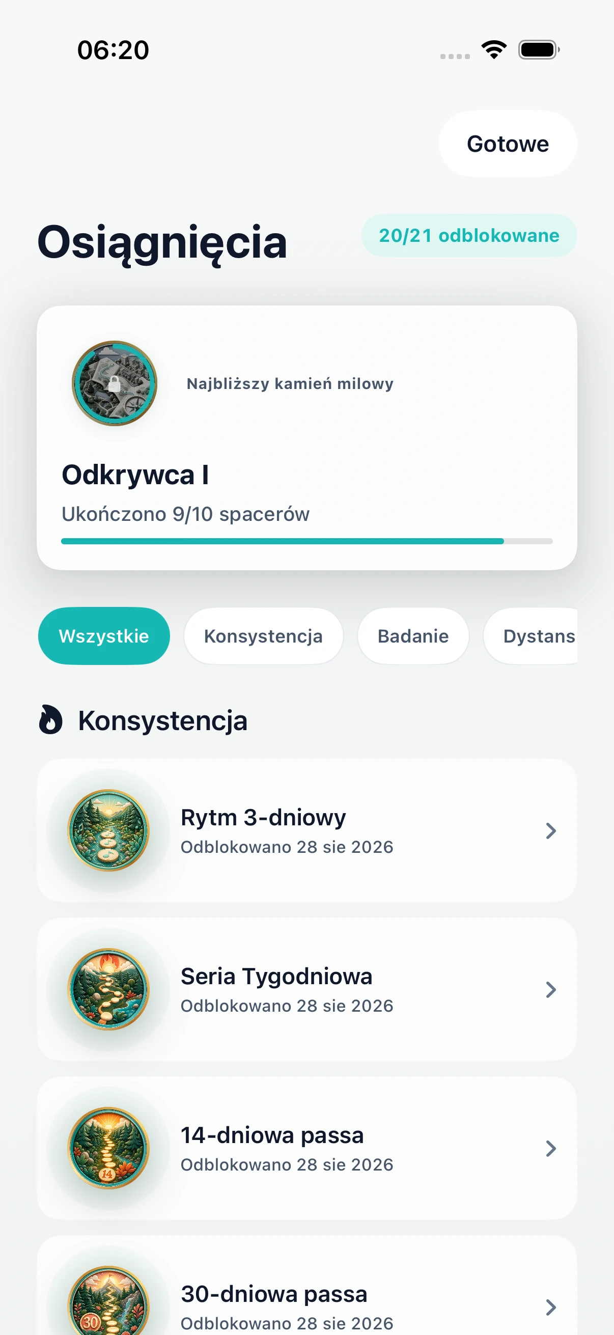 Osiągnięcia DailyWander z seriami i kamieniami milowymi odkrywania