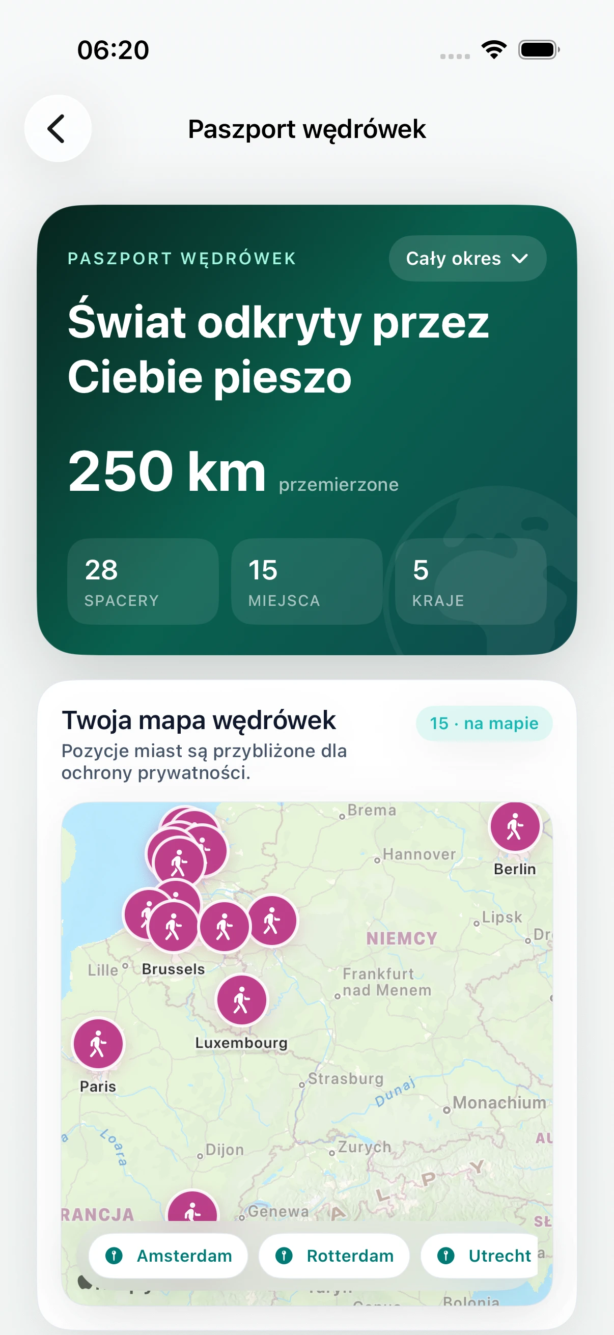 Paszport wędrówek DailyWander z dystansem, miejscami, krajami i mapą