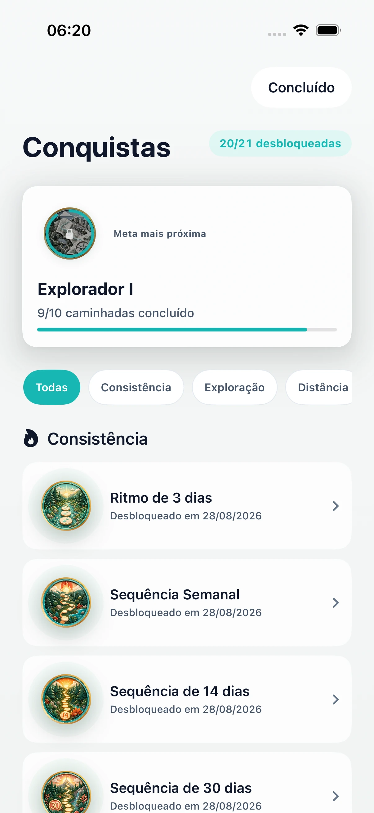 Conquistas DailyWander com sequências e marcos de exploração
