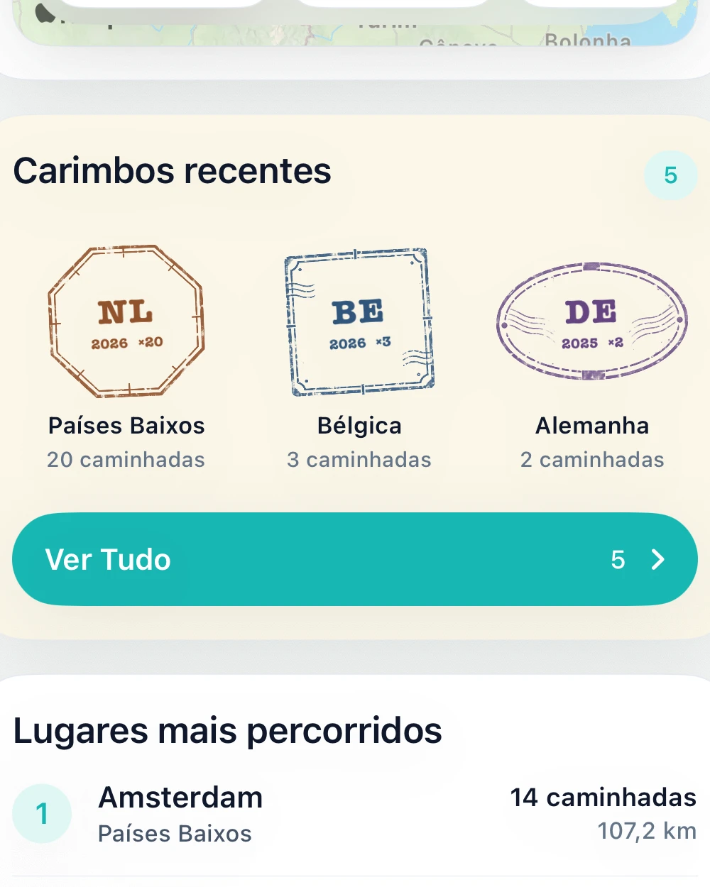 Passaporte DailyWander com carimbos de países e locais mais percorridos