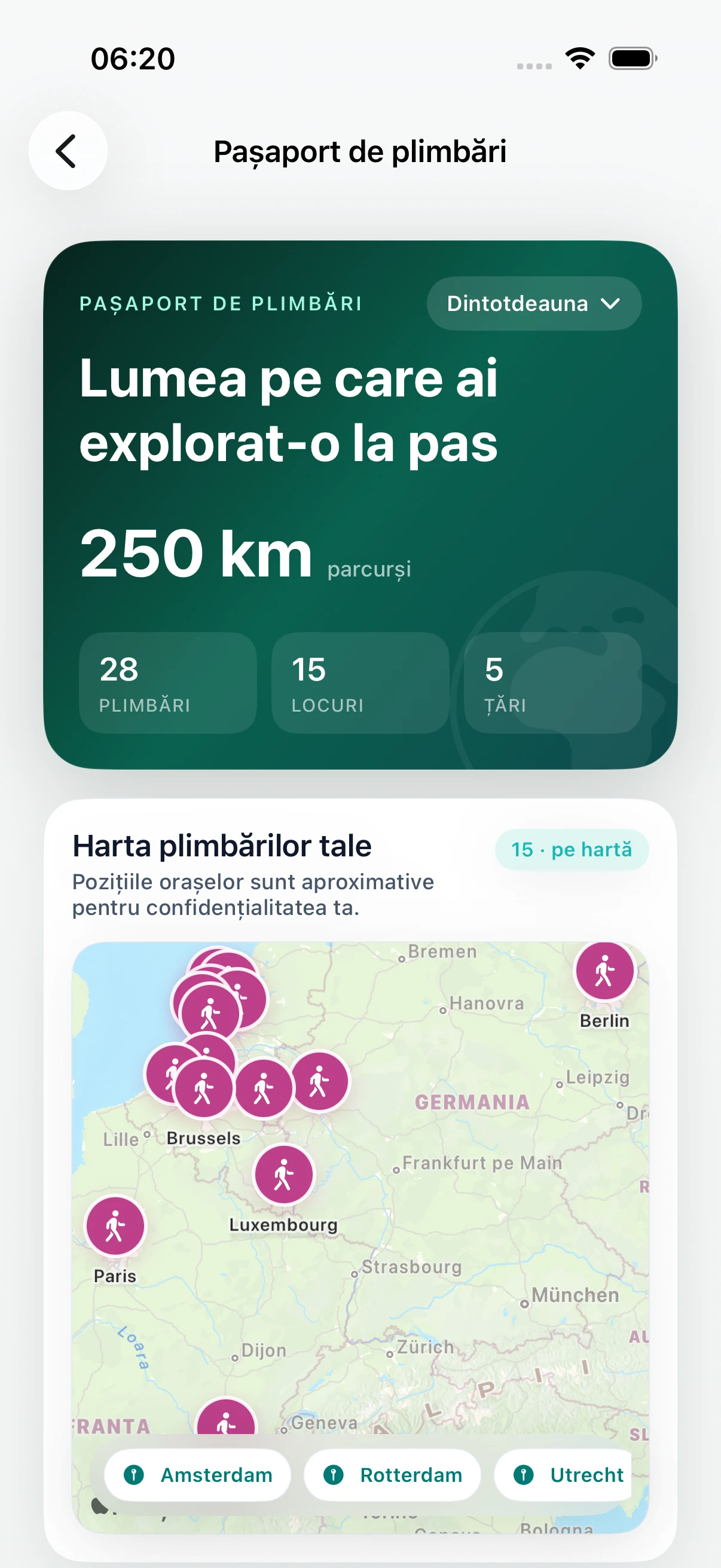 Pașaport de plimbări DailyWander cu distanță, locuri, țări și hartă