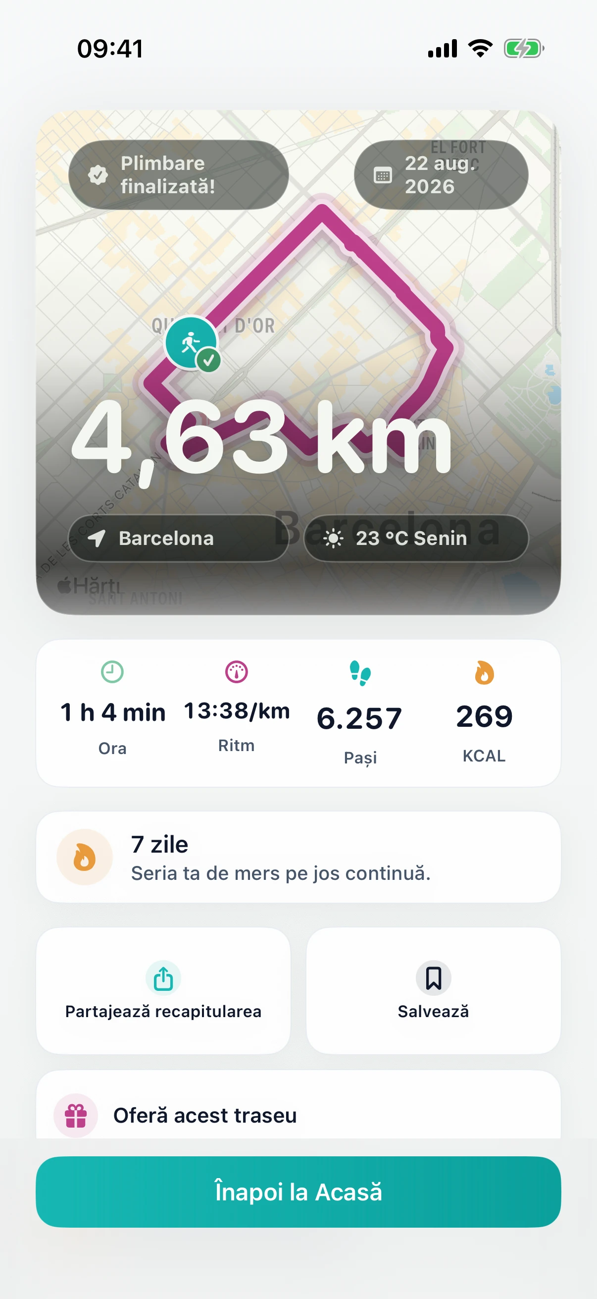 Rezumat DailyWander al unei plimbări finalizate