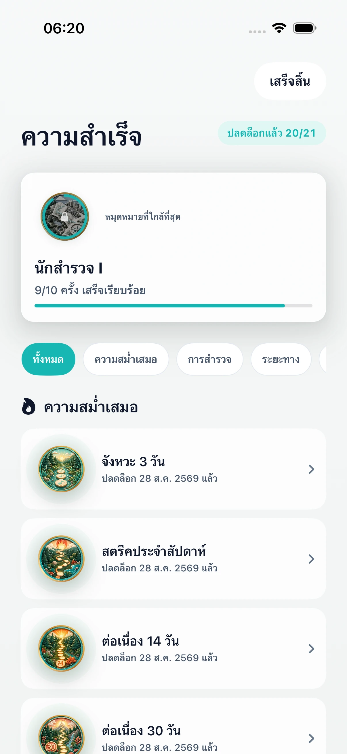 ความสำเร็จ DailyWander พร้อมสถิติต่อเนื่องและหมุดหมายการสำรวจ