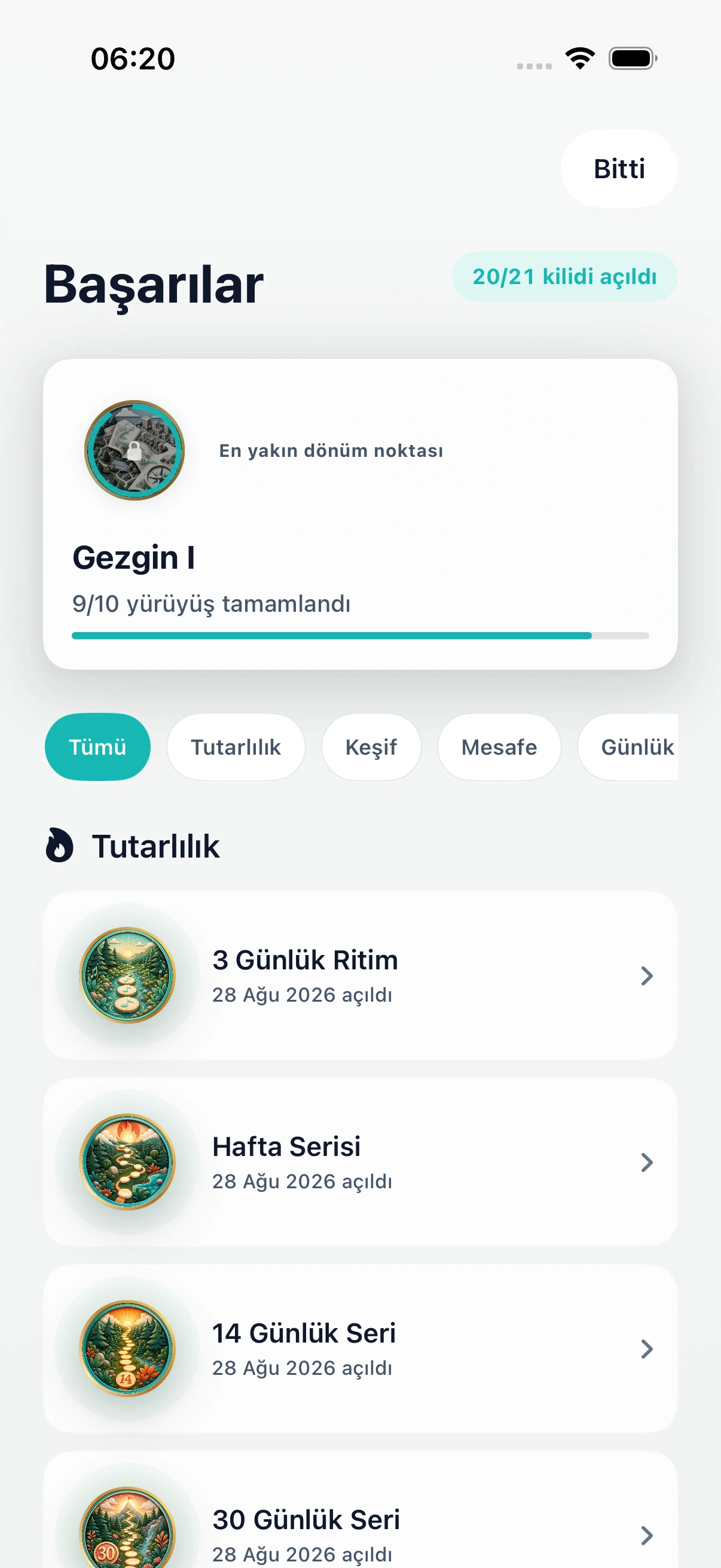 Seriler ve keşif kilometre taşları içeren DailyWander başarıları