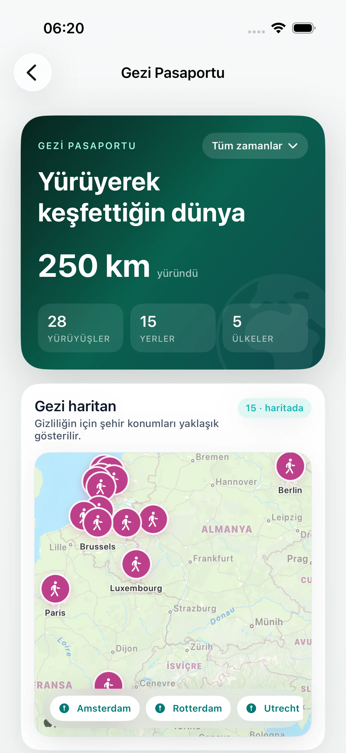 Mesafe, yerler, ülkeler ve yürüyüş haritası içeren DailyWander Gezi Pasaportu