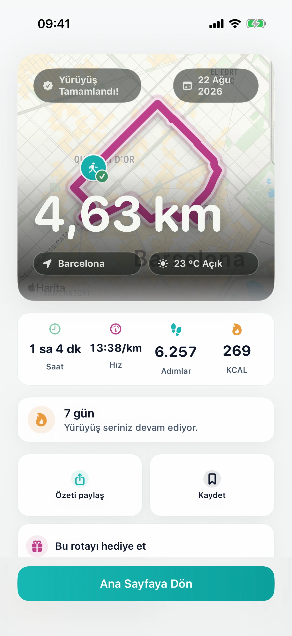 DailyWander tamamlanan yürüyüş özeti