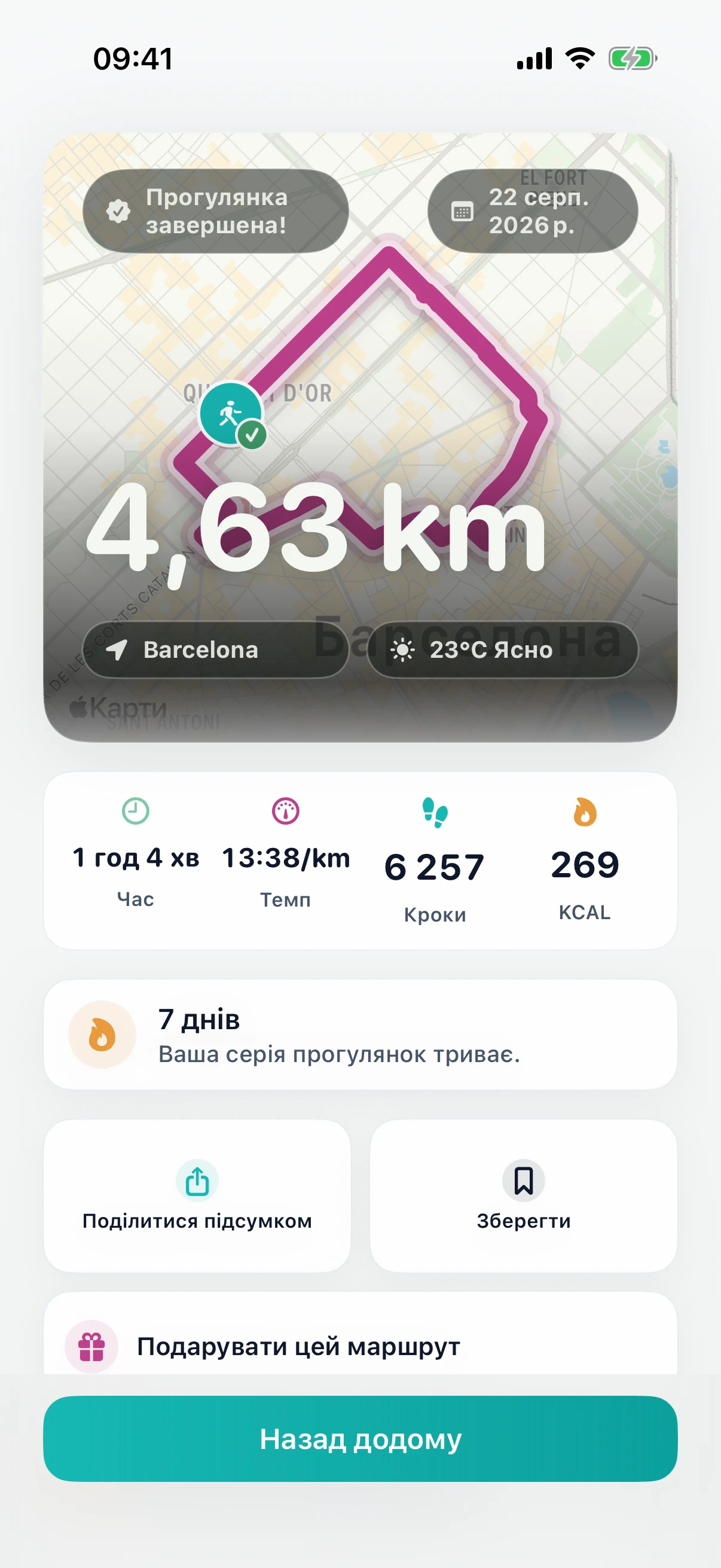 Підсумок завершеної прогулянки в DailyWander