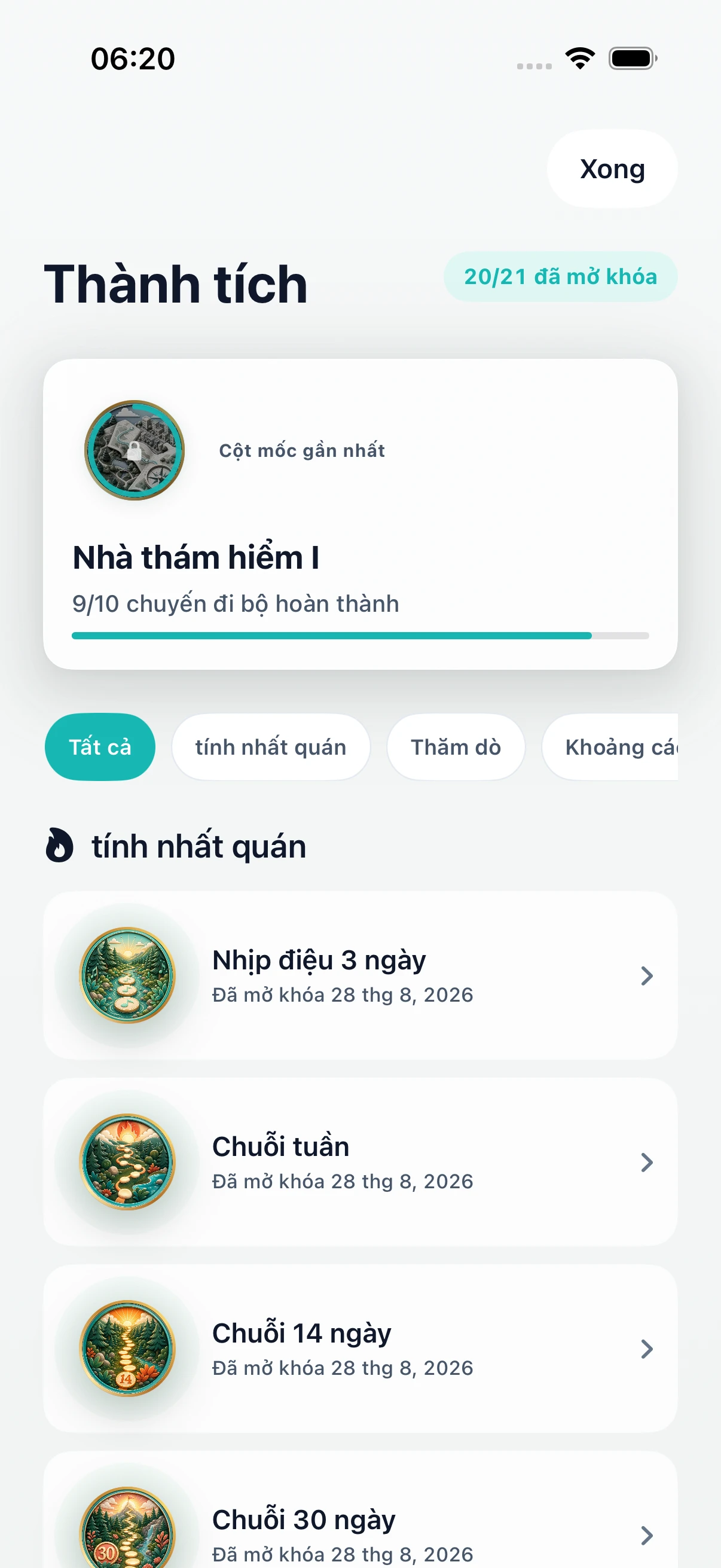 Thành tích DailyWander với chuỗi và cột mốc khám phá