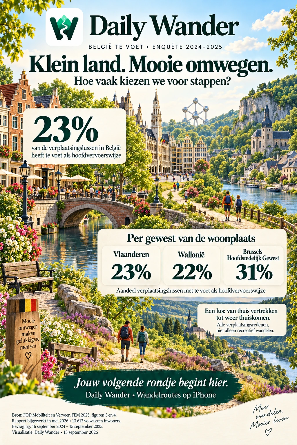 Daily Wander-infographic België te voet: 23% van de verplaatsingslussen in België heeft te voet als hoofdvervoerswijze. Per woongewest: Vlaanderen 23%, Wallonië 22%, Brussels Hoofdstedelijk Gewest 31%. Federale enquête 2024–2025 bij volwassenen.