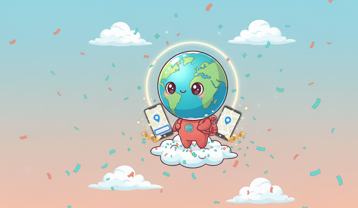 DailyWander globe mascot celebrating the launch with confetti, clouds, and guiding smartphones