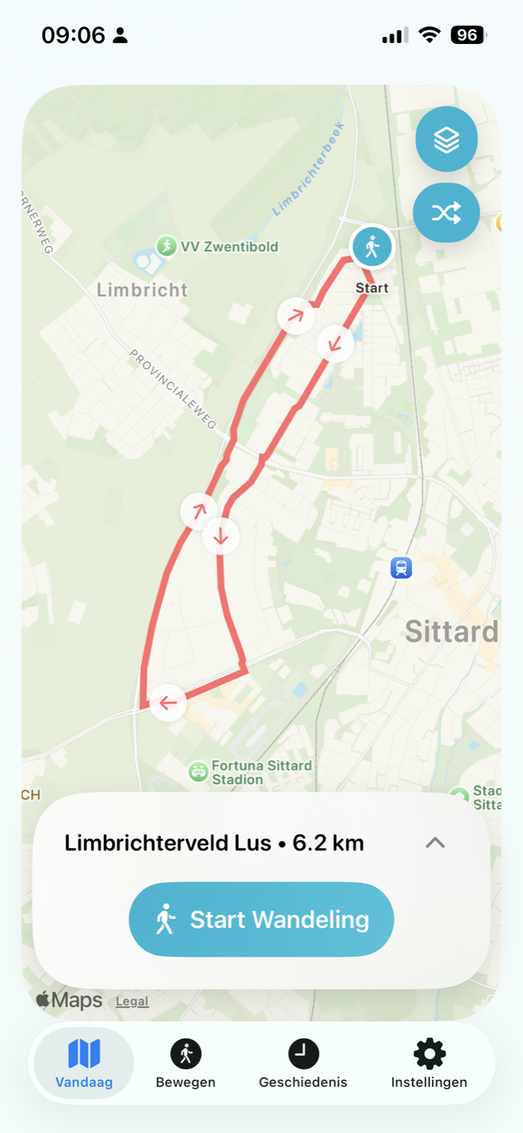 DailyWander app met een circulaire wandelroute in Limburg en Start Wandeling knop